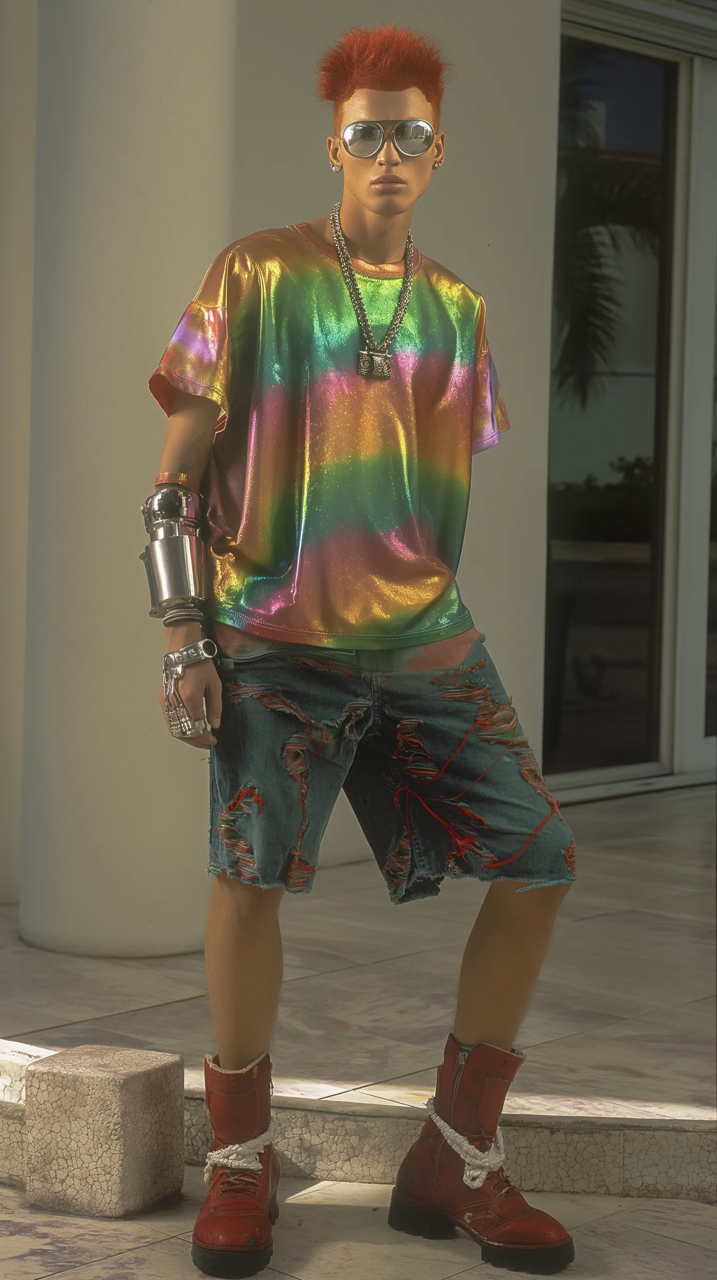 Retrato de una persona con cabello corto naranja, gafas de sol, camiseta holográfica de colores, shorts de mezclilla desgastados, un brazo protésico metálico y botas rojas, de pie junto a una columna blanca frente a un ventanal.