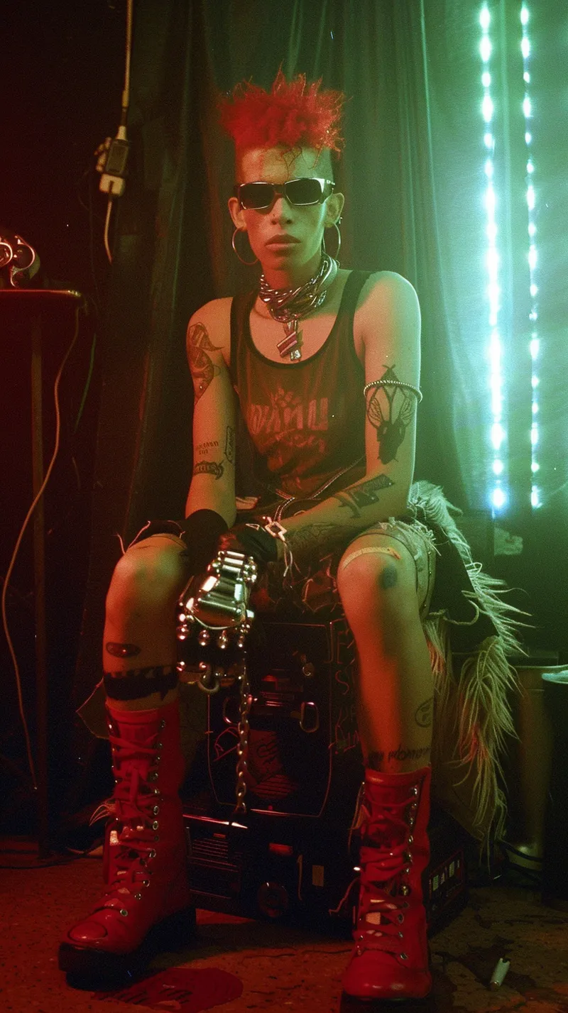 Retrato de una persona con cabello corto rojo de puntas, gafas de sol, top negro con estampado, tatuajes en los brazos, un guantelete metálico en una mano, sentada con las piernas abiertas sobre un altavoz, con luces rojas y verdes de fondo.