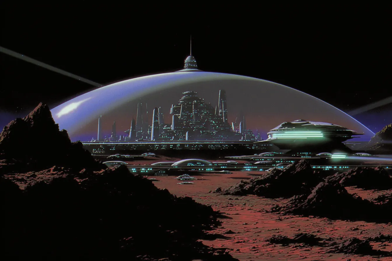 Ciudad futurista con torres y luces verdes dentro de una cúpula transparente, sobre un paisaje rocoso de color rojo, con naves espaciales alrededor y un cielo oscuro estrellado.