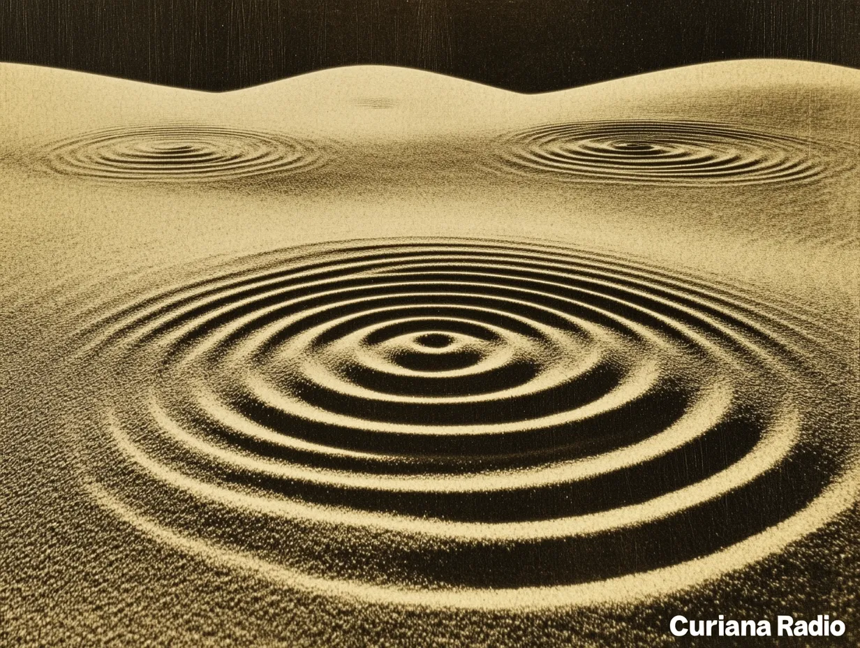 Textura de arena dorada con tres patrones de ondas concéntricas, dos pequeños en la parte superior y uno grande en el centro inferior, con el texto Curiana Radio.