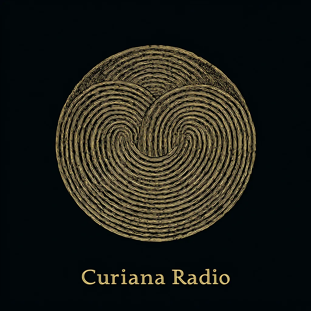 Círculo formado por dos espirales doradas entrelazadas que se unen en el centro como un corazón, sobre fondo negro, con el texto Curiana Radio.