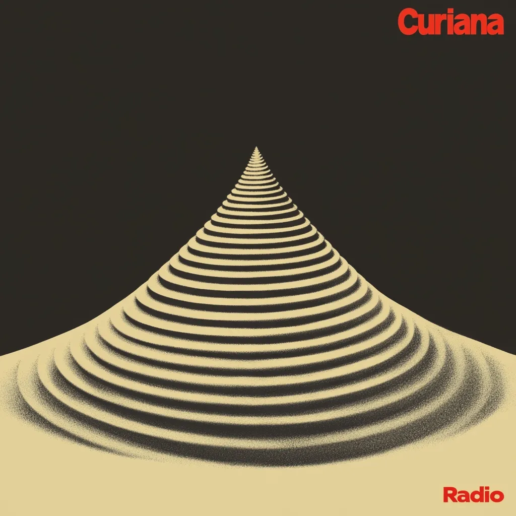 Ilustración de una montaña cónica formada por anillos concéntricos de color beige sobre fondo oscuro, con el texto Curiana en rojo arriba y Radio en rojo abajo.