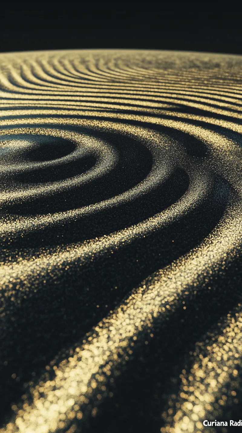 Vista en primer plano y ángulo bajo de dunas de arena dorada con textura granulada brillante, formando ondas paralelas, con el texto Curiana Radio parcialmente visible.