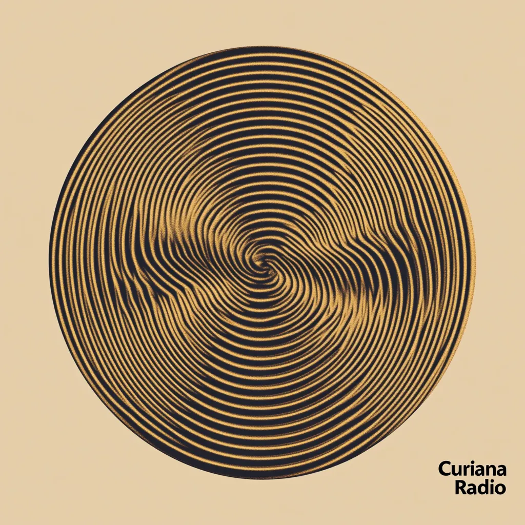 Círculo con un patrón de espiral que converge en el centro, formando una textura similar a una huella digital en tonos dorados y negros, sobre fondo beige.