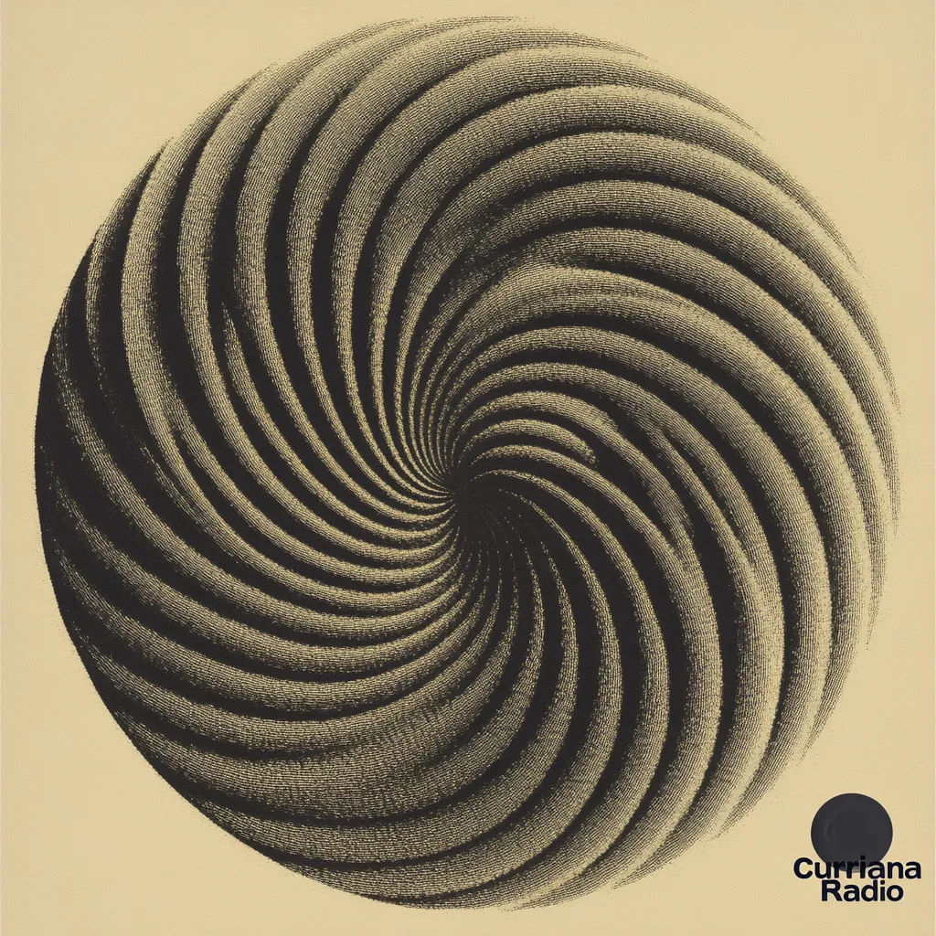 Espiral de textura granulada en tonos dorados y sepia formando un vórtice, sobre fondo beige claro, con el texto Curiana Radio en la esquina inferior derecha.