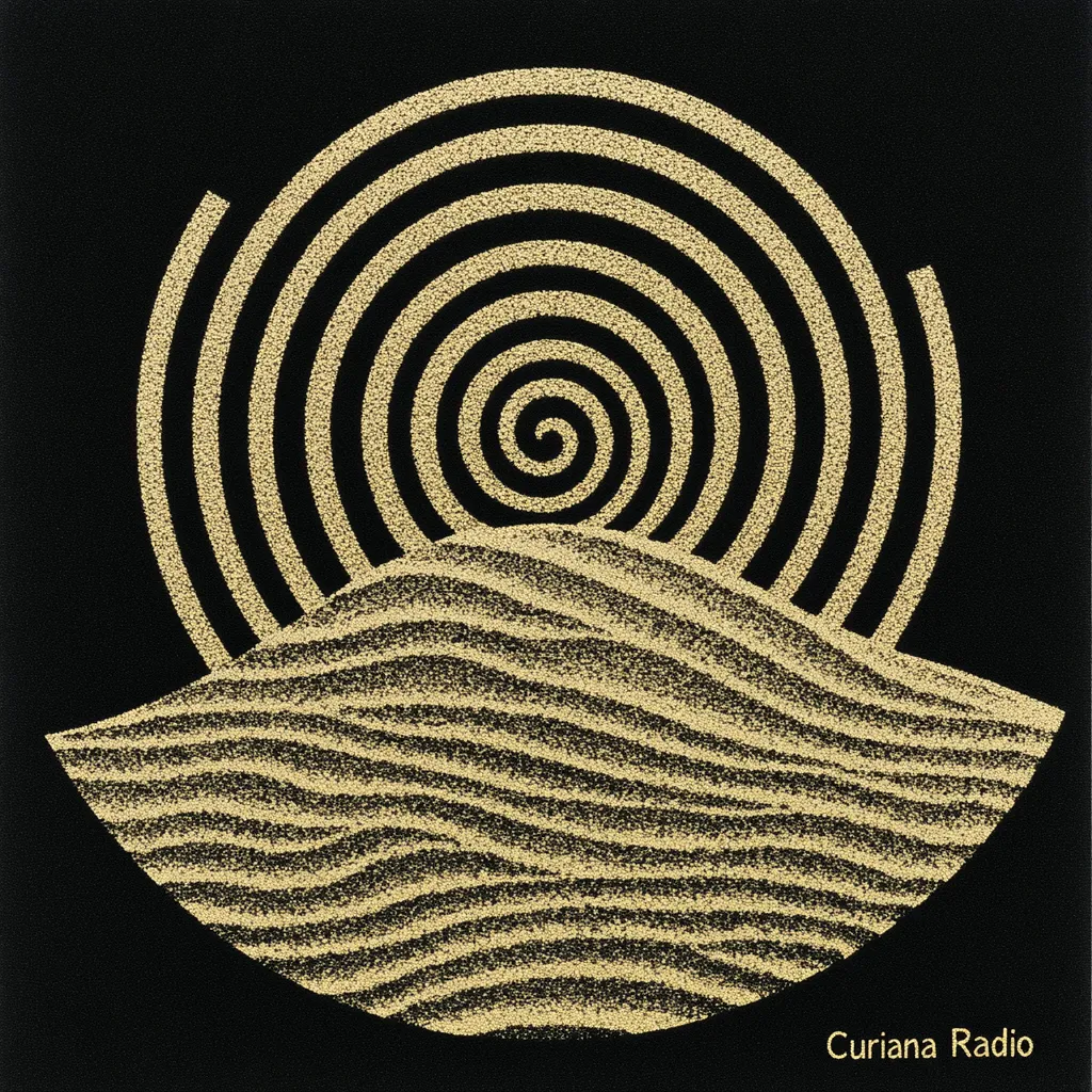 Espiral de anillos dorados concéntricos sobre una forma de duna ondulada en la parte inferior, ambas en tonos dorados sobre fondo negro, con el texto Curiana Radio.