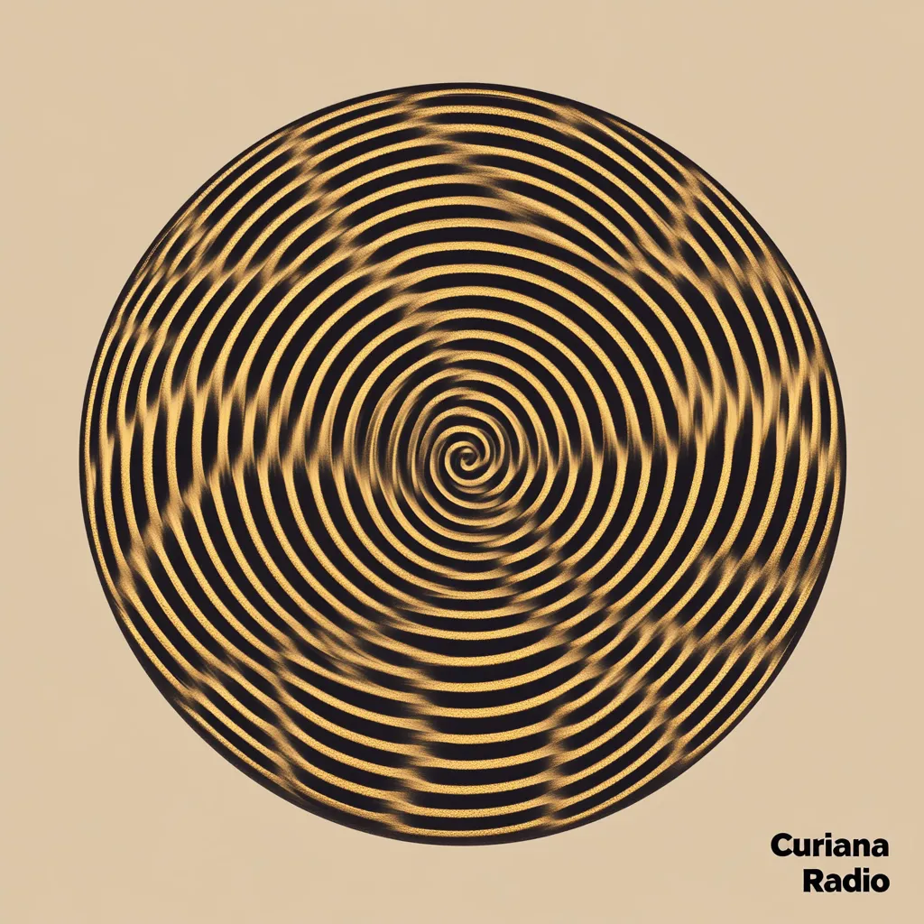 Círculo con dos espirales entrecruzadas formando un patrón de malla en tonos dorados y negros, con textura granulada, sobre fondo beige.