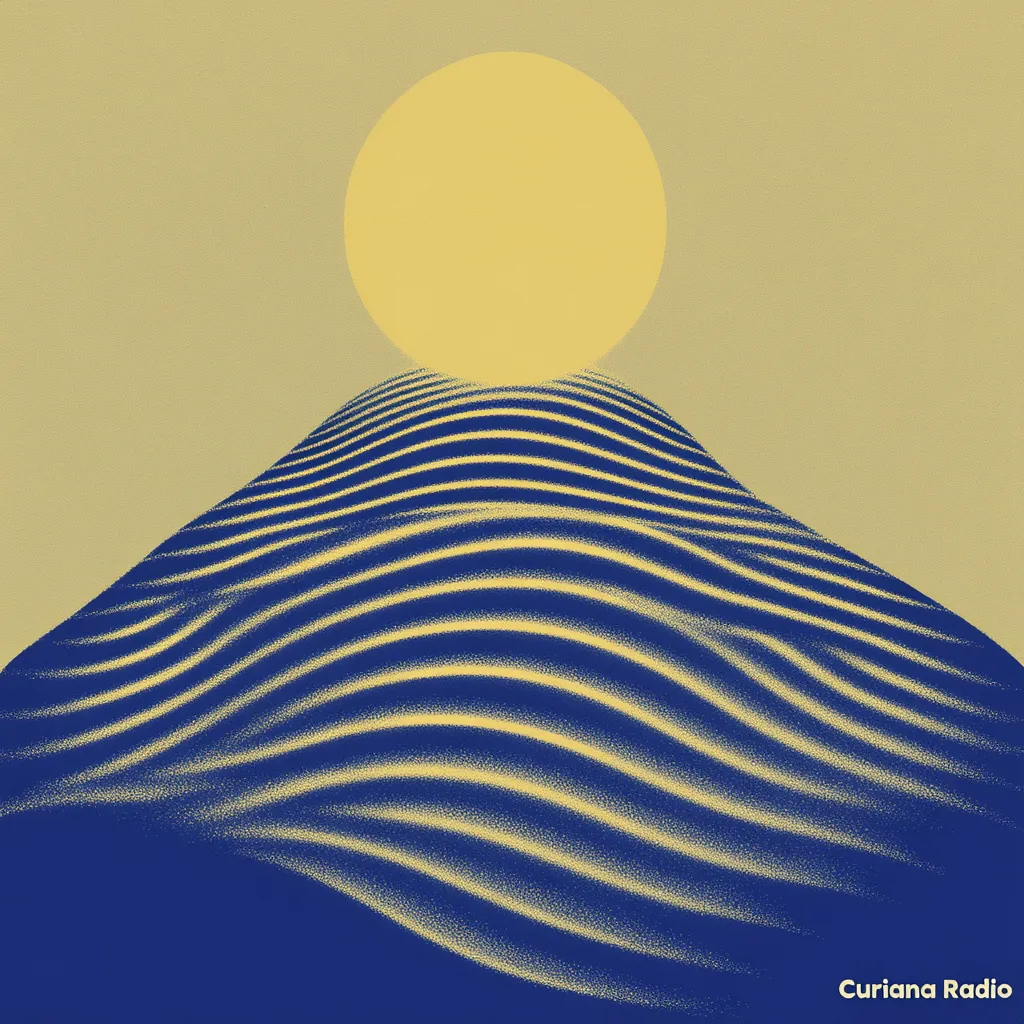 Círculo amarillo pálido como un sol sobre una montaña de ondas azul marino, con fondo color arena, y el texto Curiana Radio en la esquina inferior derecha.