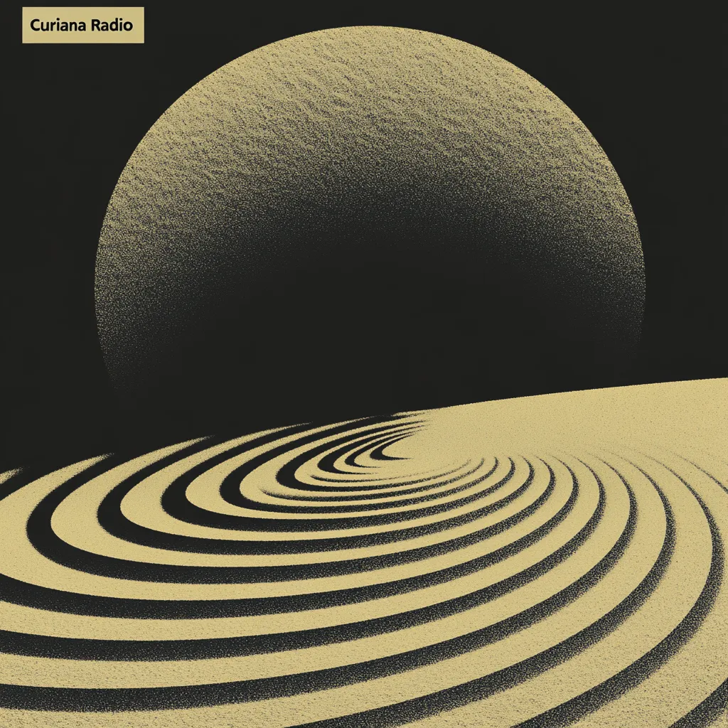 Esfera oscura con textura granulada en degradado que se convierte en ondas concéntricas horizontales en la parte inferior, sobre fondo negro, con el texto Curiana Radio arriba.