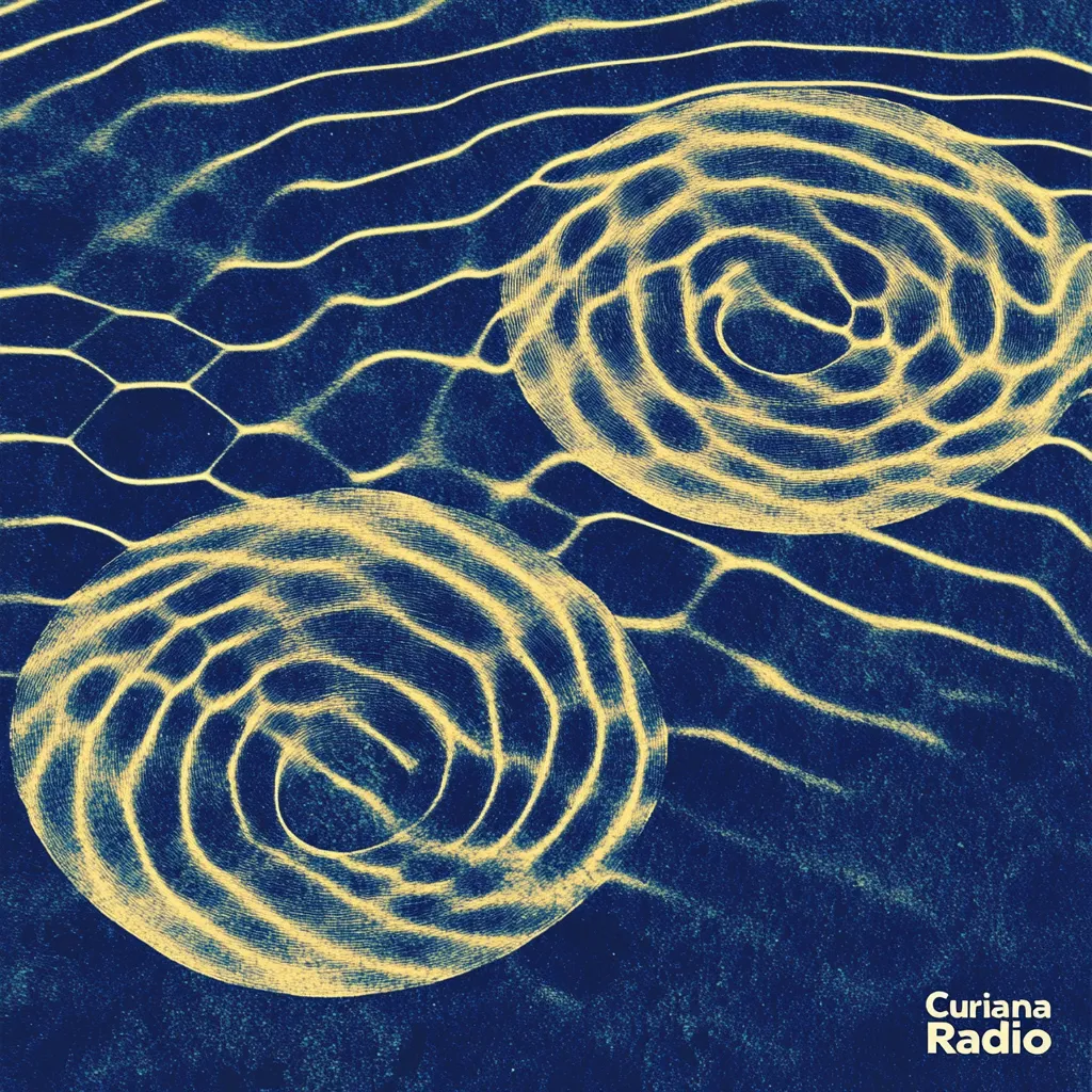 Dos espirales doradas entrelazadas sobre un fondo azul marino con un patrón de malla hexagonal, con el texto Curiana Radio en la esquina inferior derecha.