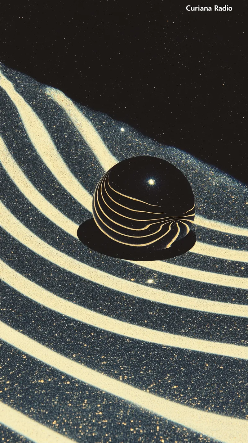 Esfera oscura con textura de caparazón estriado sobre una superficie de arena con líneas curvas paralelas, bajo un cielo estrellado, con el texto Curiana Radio arriba.