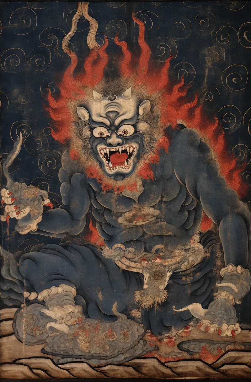 Pintura de una figura de piel azul con tres ojos, colmillos visibles y una aureola de llamas rojas alrededor de la cabeza, sosteniendo objetos rituales, sobre fondo oscuro con motivos en espiral.