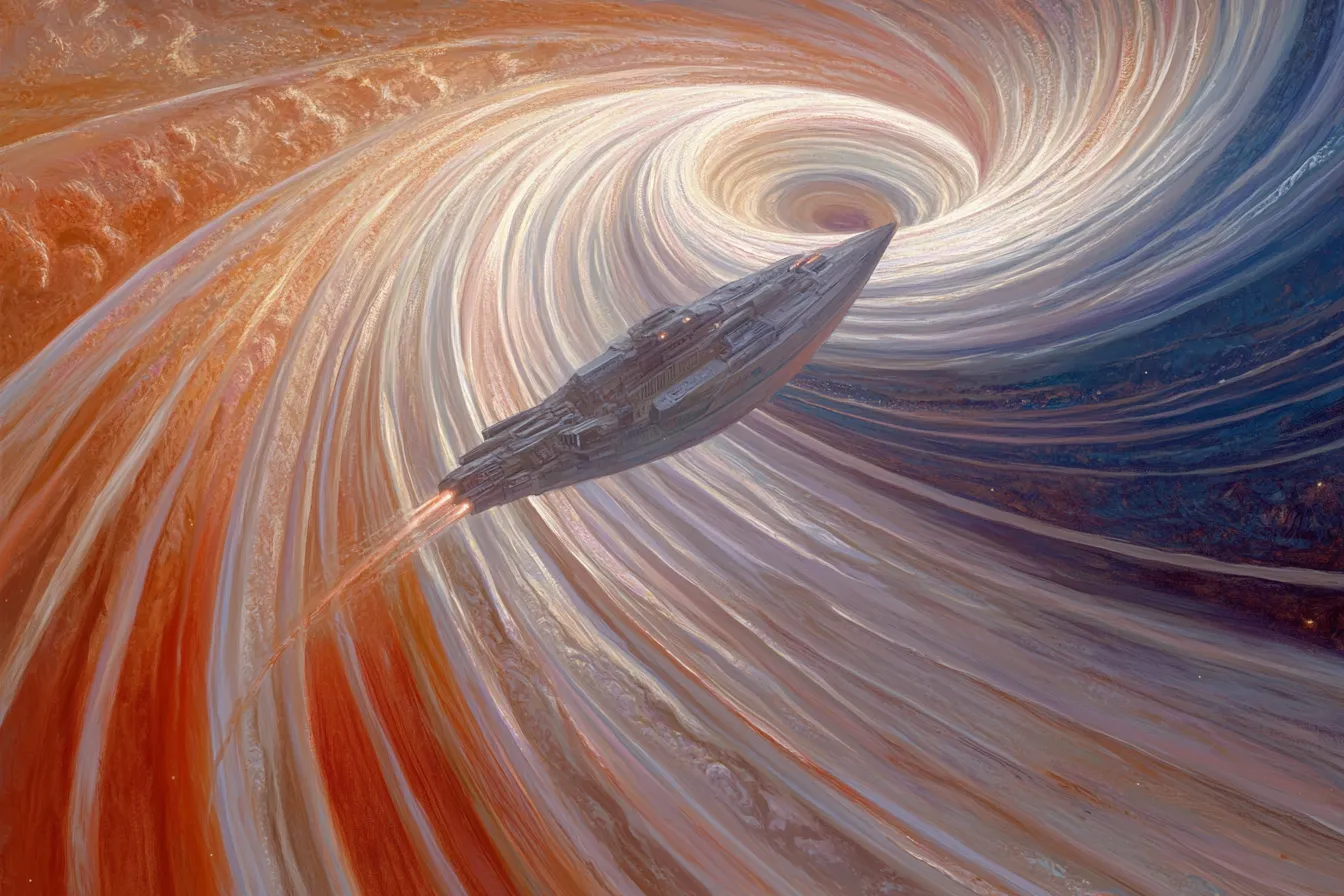 Pintura de una nave espacial atravesando un vórtice en espiral de colores naranja y azul, con pinceladas texturizadas sobre fondo abstracto.