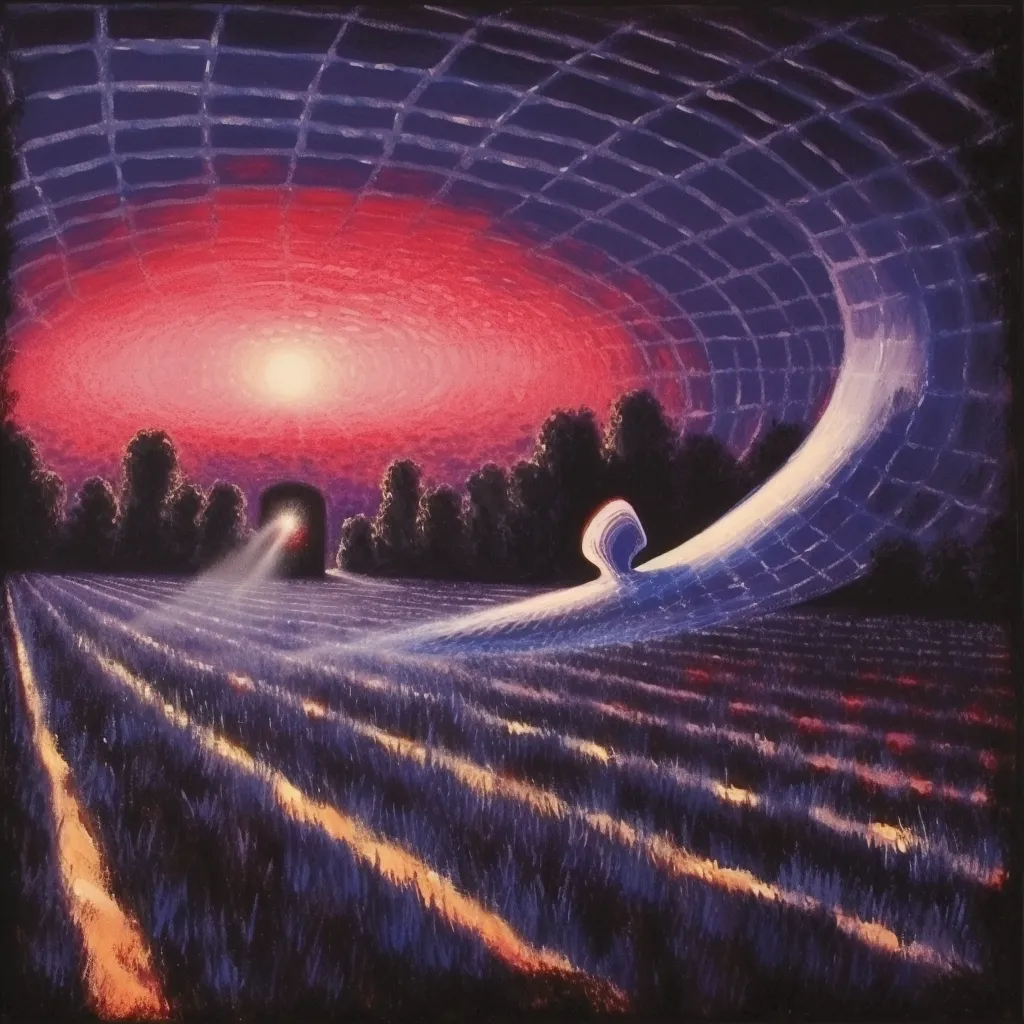 Pintura de un campo de surcos morados bajo un cielo rojo, con una estructura curva en forma de túnel de red blanca sobre el paisaje y siluetas de árboles al fondo.
