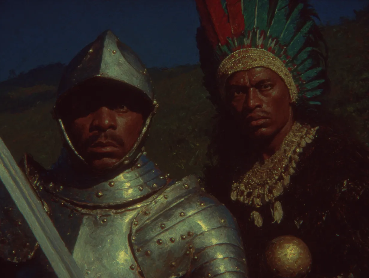 Dos hombres posan uno junto al otro: uno con armadura metálica completa y casco, el otro con un tocado de plumas verdes y rojas, collar dorado y una esfera dorada en la mano, con colinas al fondo en tonos azulados.
