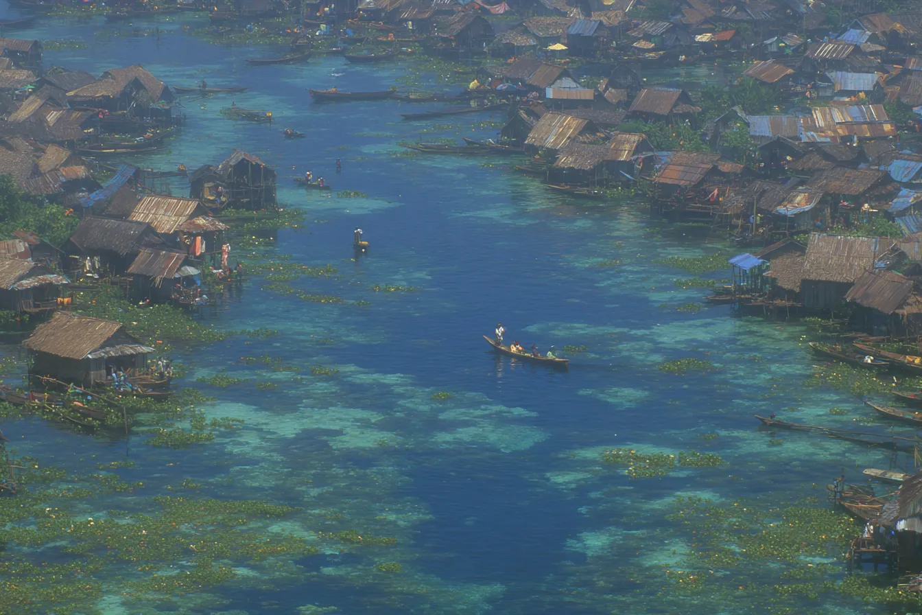 Vista aérea directamente desde arriba de un denso conjunto de techos de paja sobre el agua, con una canoa y una persona navegando por un estrecho canal entre ellos, bordes verdes de vegetación acuática.