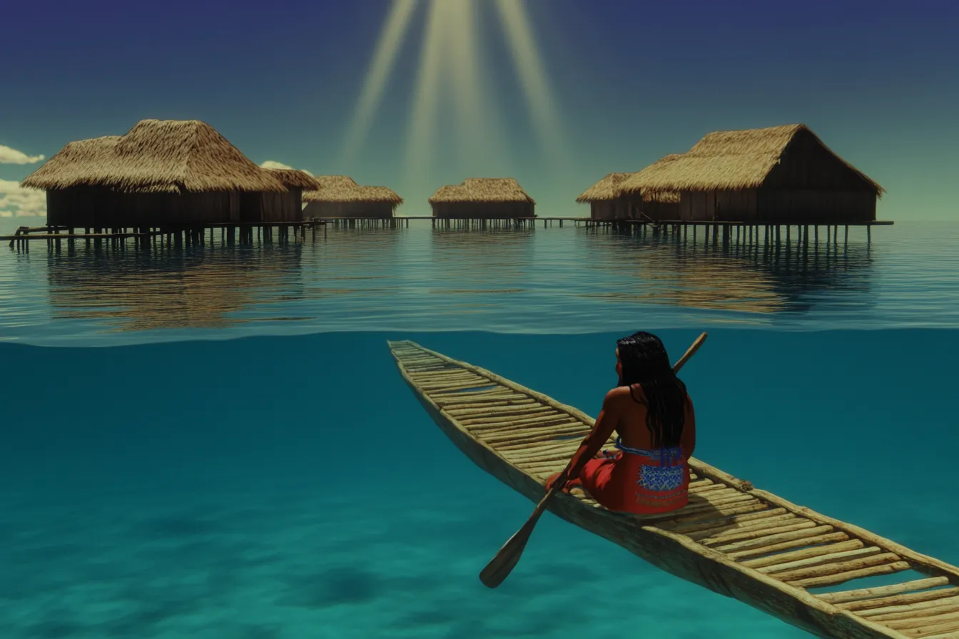 Una persona rema en una canoa de madera vista desde atrás, en una fotografía dividida por la línea del agua que muestra, debajo, las casas de techo de paja reflejadas y sus postes sumergidos.