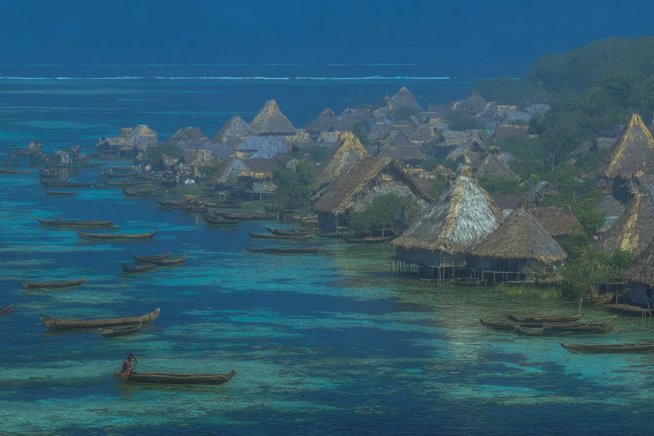 Pintura de un poblado de casas con techo cónico de paja sobre el agua, con numerosos botes navegando entre ellas, montañas al fondo y luz cálida de día.