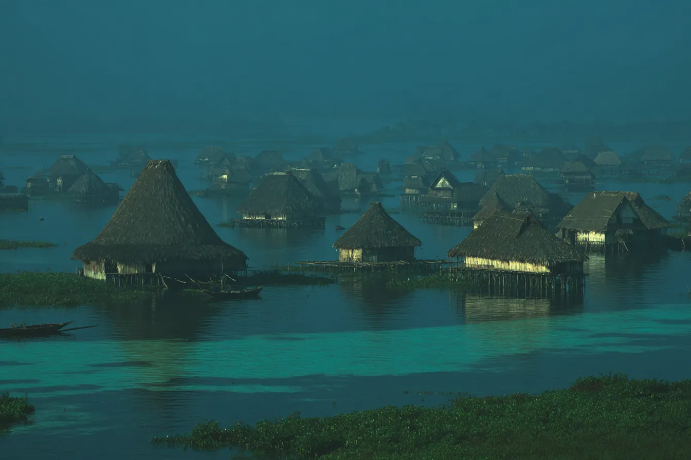 Vista nocturna de un poblado de casas de techo de paja con ventanas iluminadas de amarillo entre niebla azul, agua verdosa en primer plano con una canoa vacía y vegetación oscura en el borde inferior.