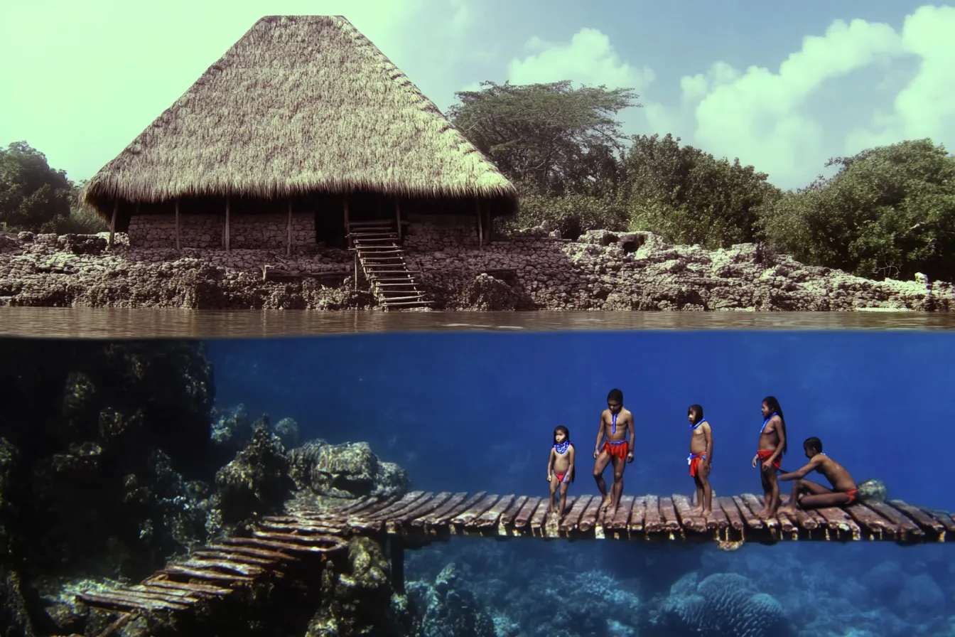 Fotografía dividida por la línea del agua: arriba, una choza de techo de paja junto a árboles; abajo, bajo el agua transparente, cinco personas jóvenes de pie sobre una pasarela de madera con coral visible en el fondo.
