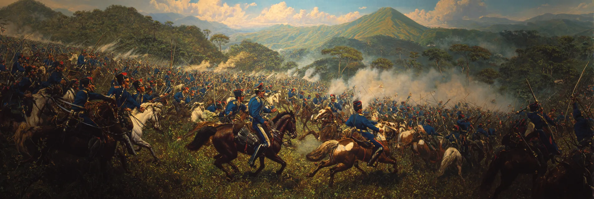 Pintura de una batalla con cientos de soldados de caballería e infantería en uniformes azules y rojos combatiendo en un valle, con humo de disparos elevándose y montañas al fondo, estilo de pintura clásica.