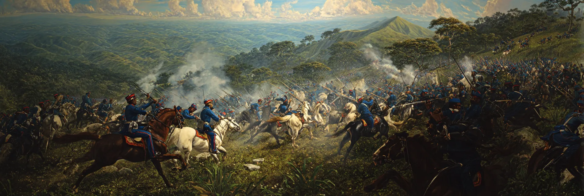 Pintura de una batalla de caballería con soldados de uniforme azul y otros de uniforme claro luchando cuerpo a cuerpo en una colina verde, con humo de pólvora y un valle extenso al fondo bajo un cielo nublado.