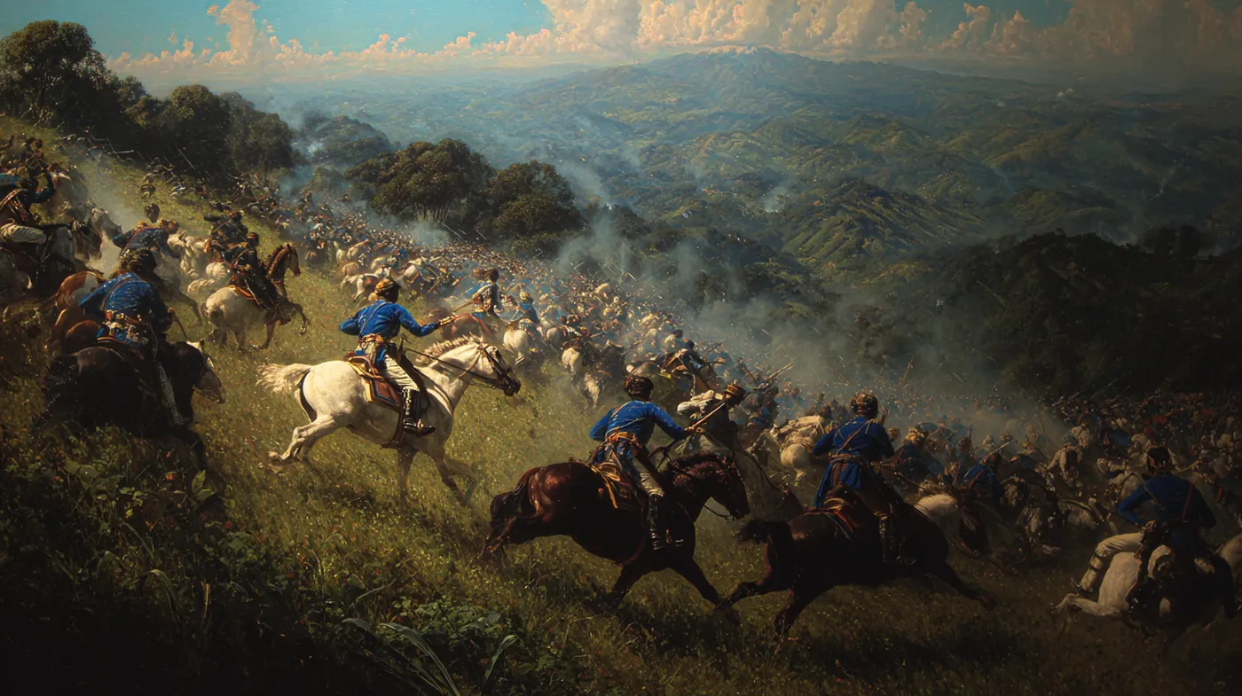 Pintura panorámica de una carga de caballería con decenas de jinetes de uniforme azul descendiendo una colina cubierta de hierba, entre polvo y humo, con un valle y colinas boscosas al fondo.