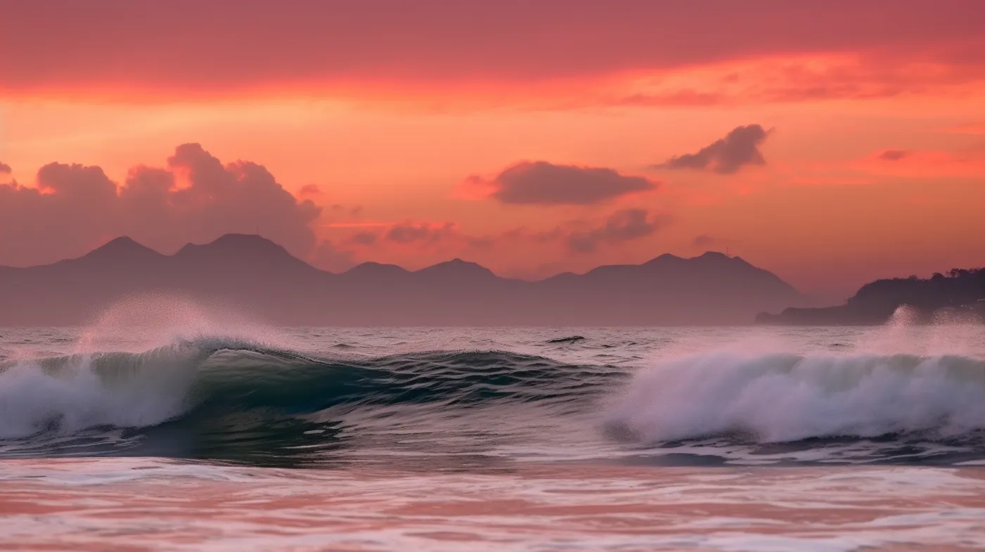 Fotografía de olas rompiendo en la orilla del mar al atardecer, con espuma blanca, bajo un cielo rosado y anaranjado con nubes y montañas a lo lejos.