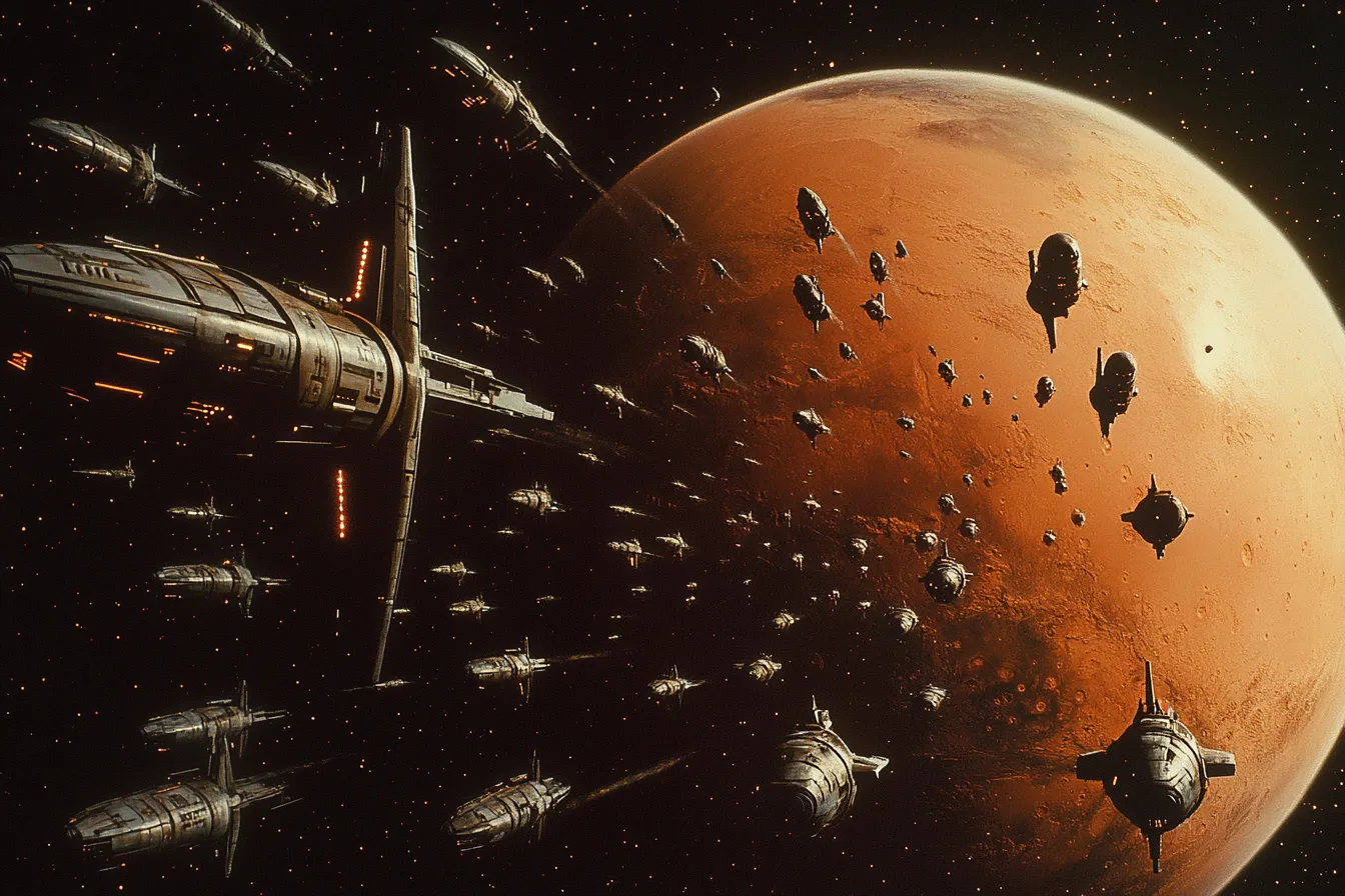 Ilustración de una flota de naves espaciales de distintos tamaños navegando frente a un planeta de color naranja rojizo, con estrellas y pequeños objetos flotando alrededor.