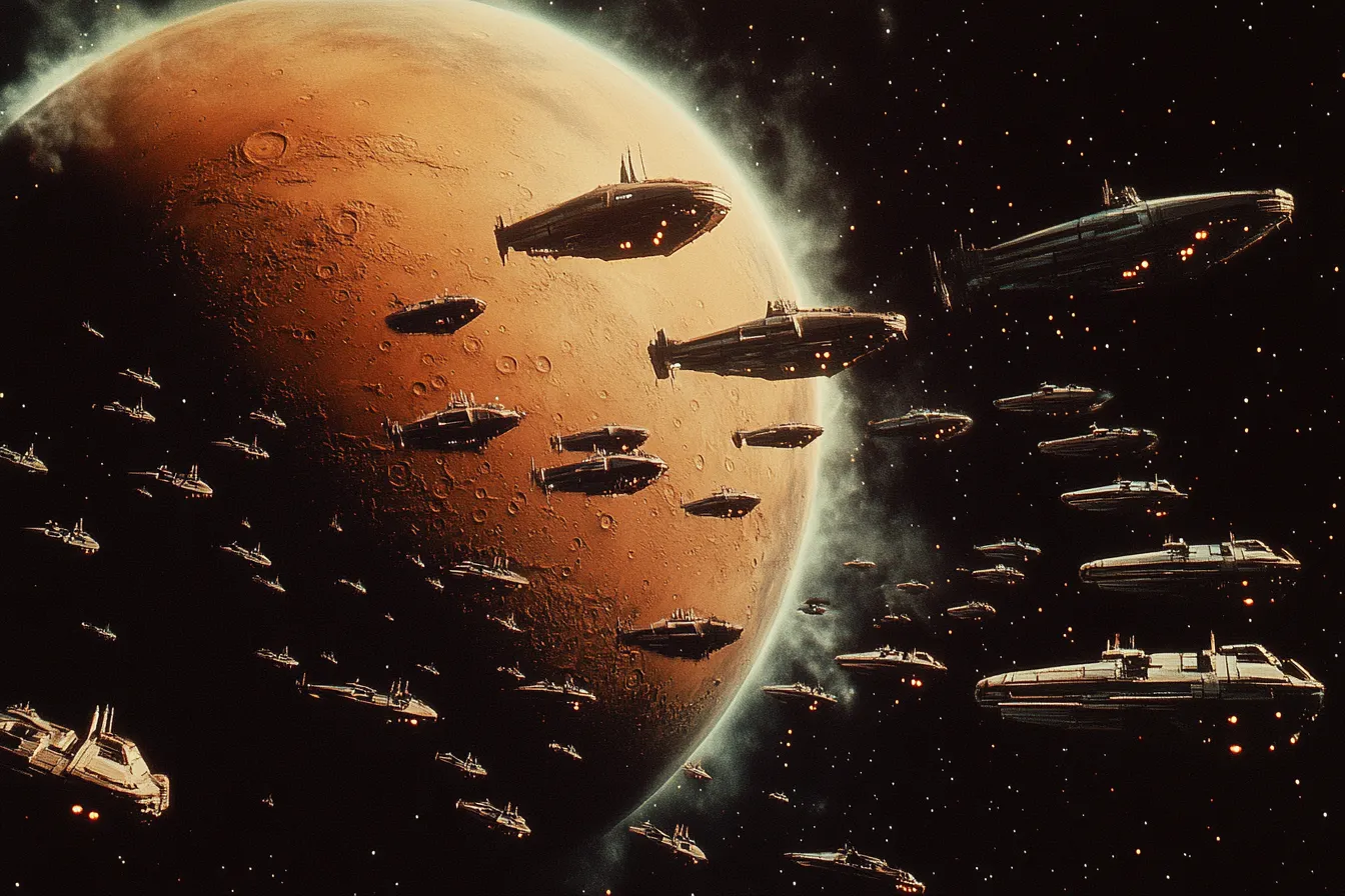 Ilustración de numerosas naves espaciales de guerra sobrevolando un planeta anaranjado con superficie rocosa, rodeadas de estrellas en un fondo oscuro.