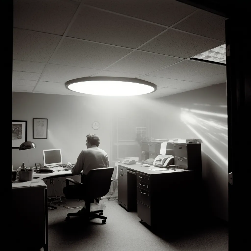 Fotografía en blanco y negro de un hombre sentado ante una computadora en una oficina a oscuras, iluminado únicamente por un panel de luz circular en el techo que proyecta rayos de luz visibles.