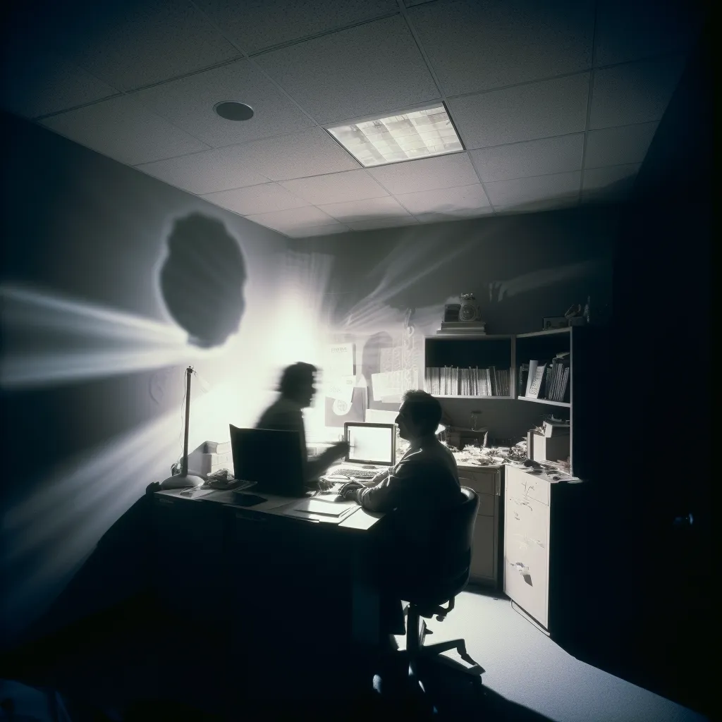 Fotografía en blanco y negro de dos hombres sentados frente a computadoras en una oficina oscura, iluminados por el resplandor de las pantallas, con haces de luz intensos entrando desde la izquierda y una sombra oscura con forma de nube en la pared.