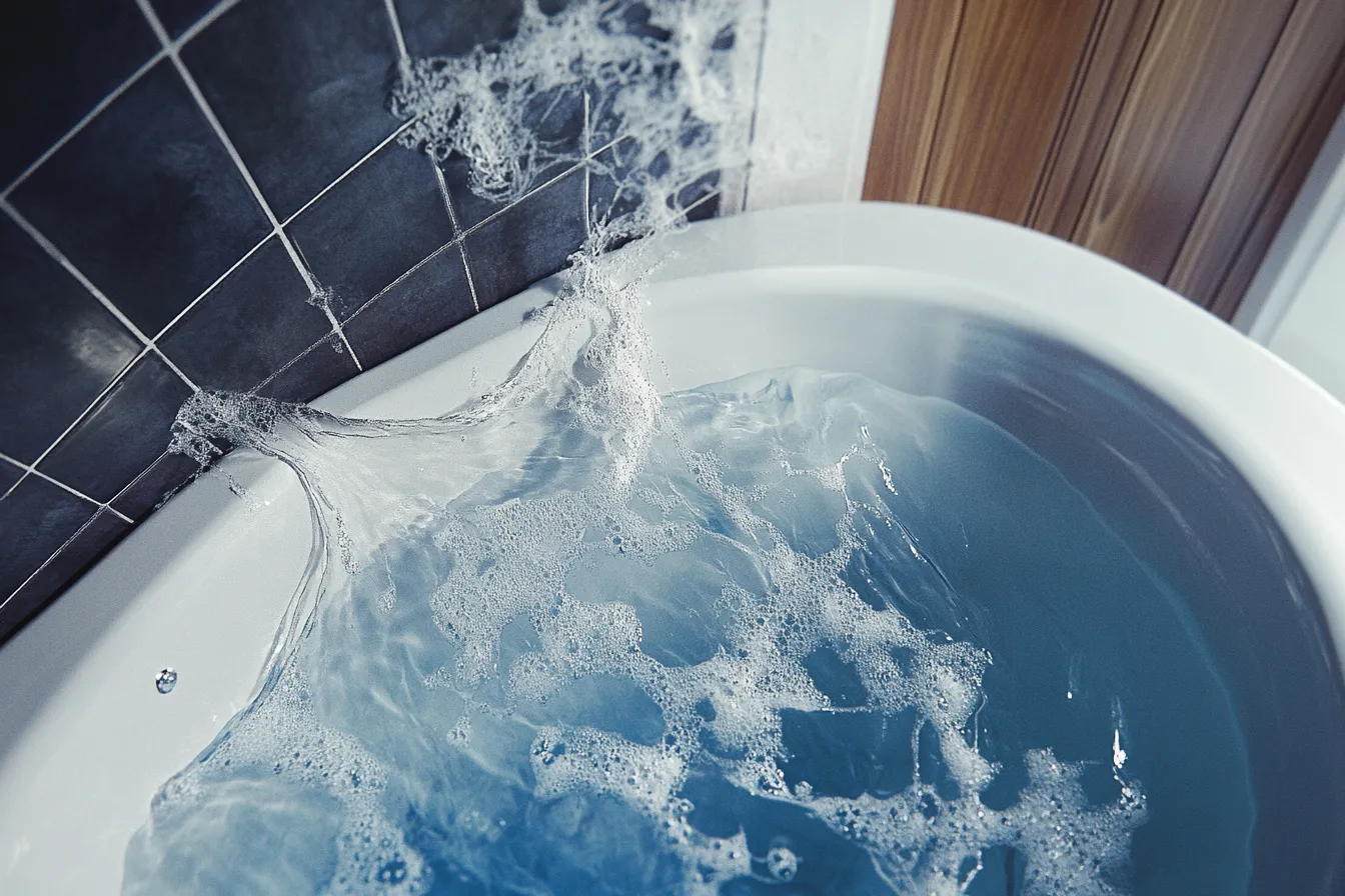 Fotografía de una bañera blanca llenándose de agua azul con espuma blanca que se desborda sobre el borde y salpica una pared de azulejos negros.