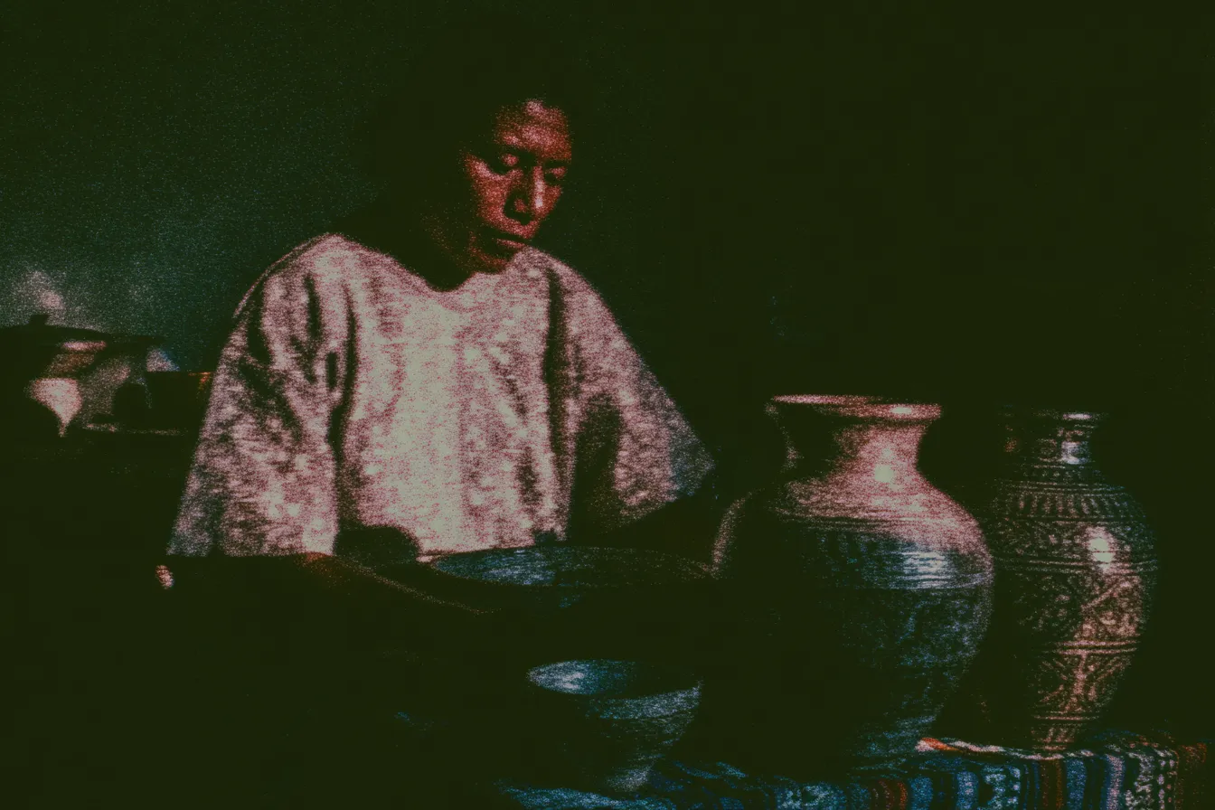 Fotografía granulada de una mujer con blusa estampada sentada junto a varias vasijas de barro, en un ambiente oscuro con poca iluminación.