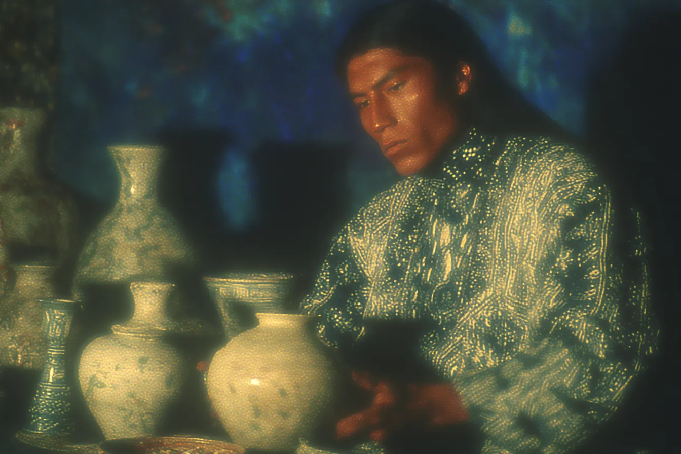 Fotografía de un hombre con camisa estampada sentado frente a varios floreros de cerámica blanca pintados con motivos florales azules, bajo una iluminación tenue de tono azulado.
