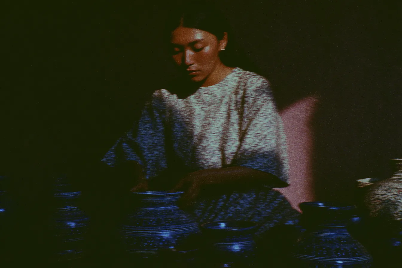 Fotografía en penumbra de una mujer con vestimenta estampada rodeada de vasijas de cerámica con esmalte azul brillante, iluminada parcialmente por una luz cálida lateral.
