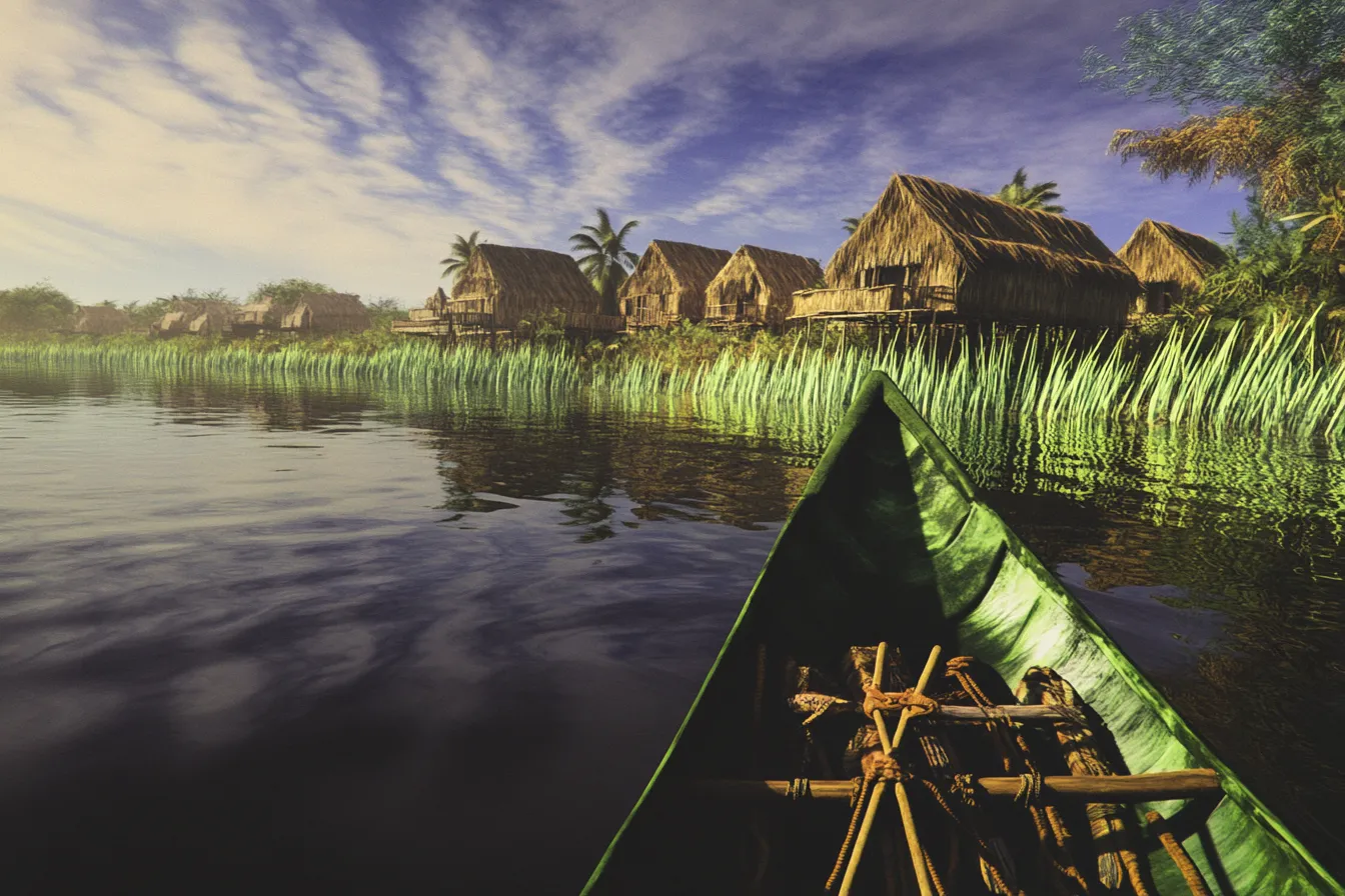 Fotografía tomada desde una canoa de madera, con su proa en primer plano, navegando hacia un conjunto de viviendas de techo de paja construidas sobre pilotes en el agua, rodeadas de juncos, bajo un cielo con nubes.