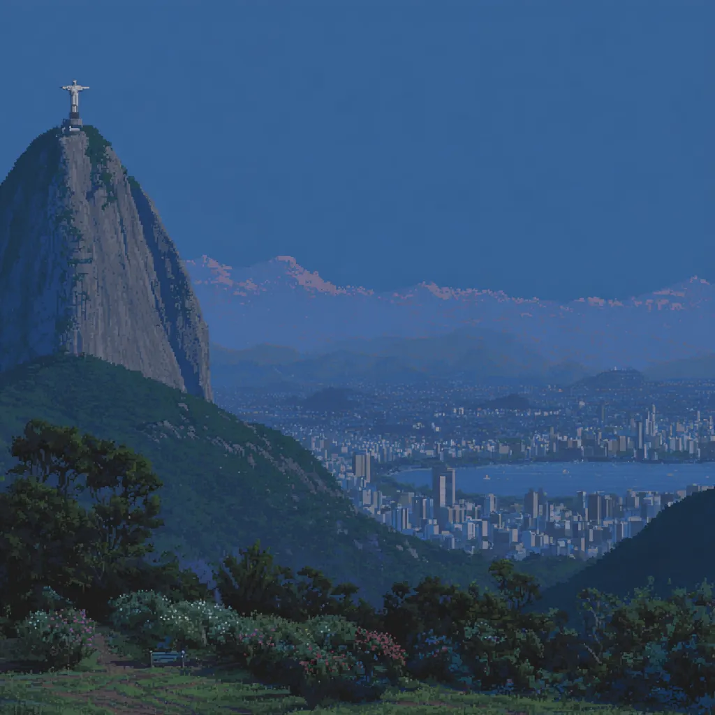 Ilustración en pixel art de un paisaje urbano visto desde una montaña al atardecer, con una estatua de brazos abiertos en la cima de un monte rocoso, vegetación en primer plano, y una ciudad costera iluminada al fondo bajo un cielo azul oscuro con nubes rosadas en el horizonte.