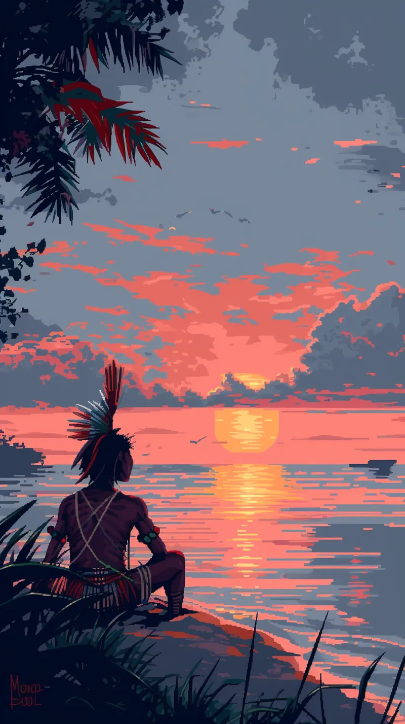 Ilustración en pixel art de una persona con tocado de plumas sentada de espaldas sobre una roca, mirando la puesta de sol sobre el agua, con hojas de palmera en primer plano y un cielo rosado y anaranjado con nubes.