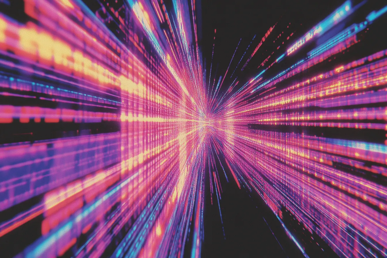 Fotografía abstracta de líneas de luz de colores rosado, morado, azul y naranja que convergen hacia un punto central sobre un fondo negro, creando un efecto de movimiento y velocidad.