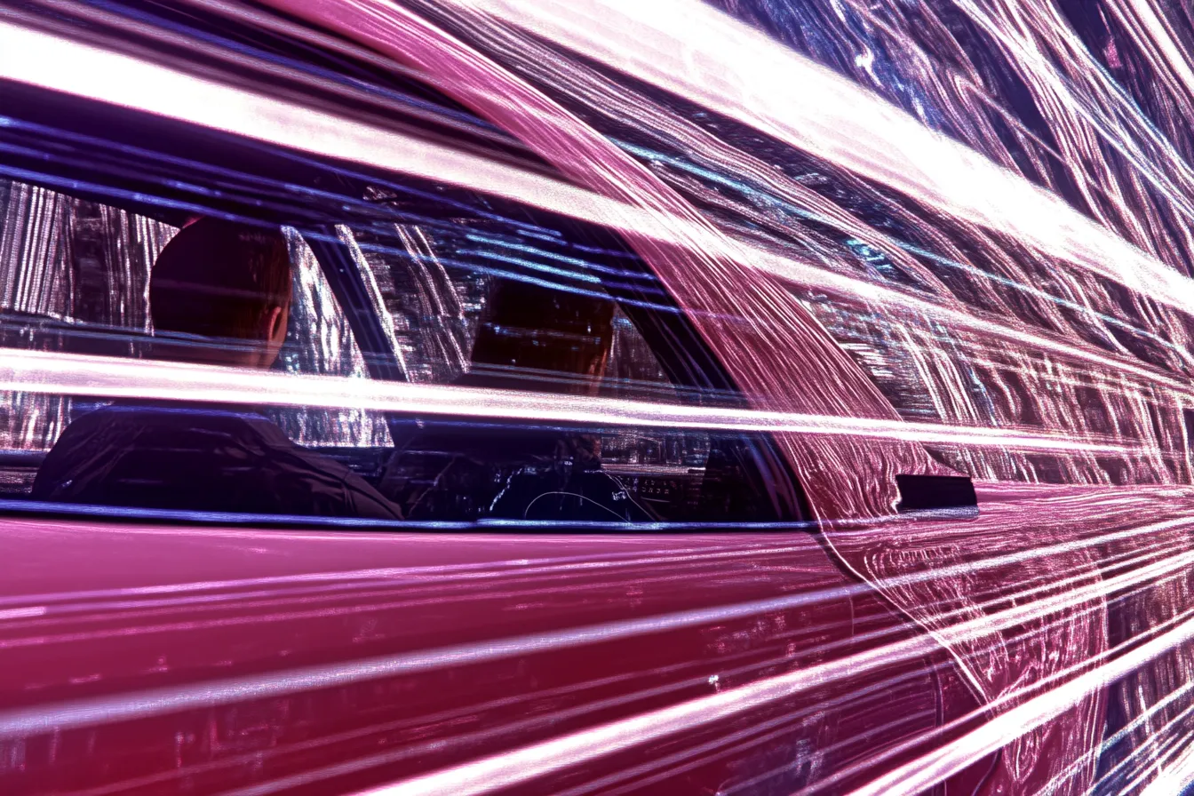 Fotografía de un automóvil de color rojo oscuro con las ventanas tintadas, rodeado de estelas de luz blanca y difusas que sugieren movimiento a alta velocidad, sobre un fondo oscuro.