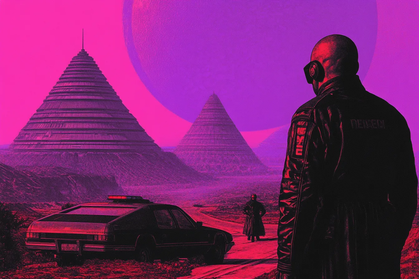 Ilustración de estilo futurista con un hombre en primer plano vestido con chaqueta oscura y máscara de gas, frente a un automóvil abandonado, dos pirámides y una gran luna rosada de fondo, bajo una iluminación de tono magenta.