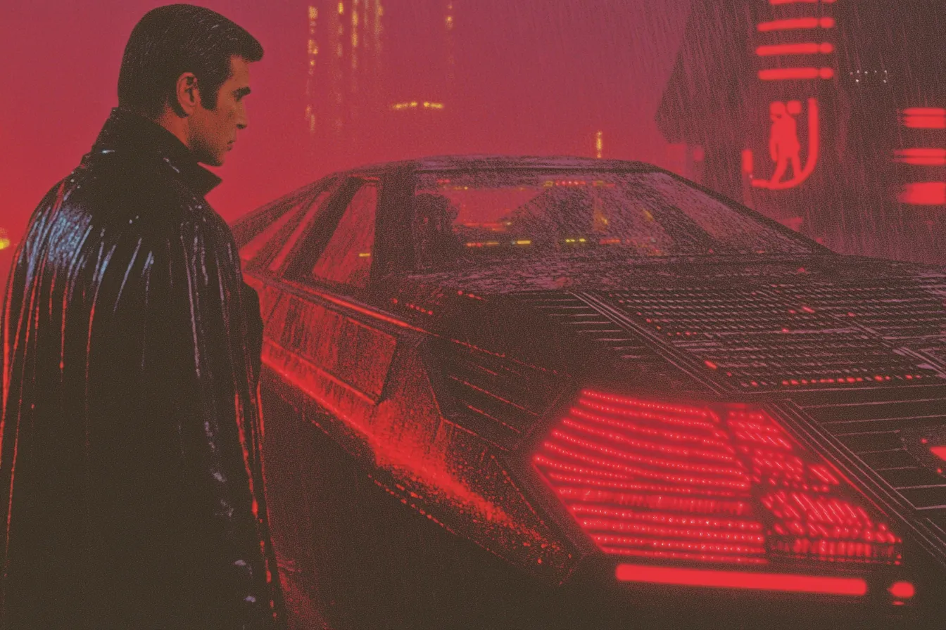 Hombre con abrigo oscuro de pie junto a un automóvil futurista con luces traseras rojas encendidas, en una calle de ciudad nocturna iluminada en tonos rojos y edificios al fondo.