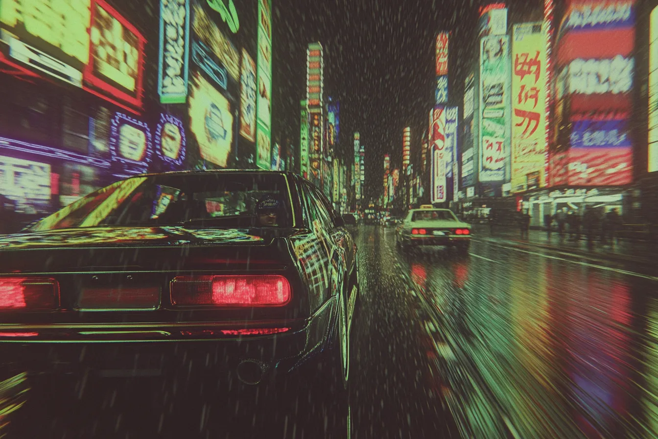 Calle de ciudad por la noche bajo la lluvia, con automóviles en primer plano y numerosos letreros de neón multicolor iluminando los edificios a ambos lados.