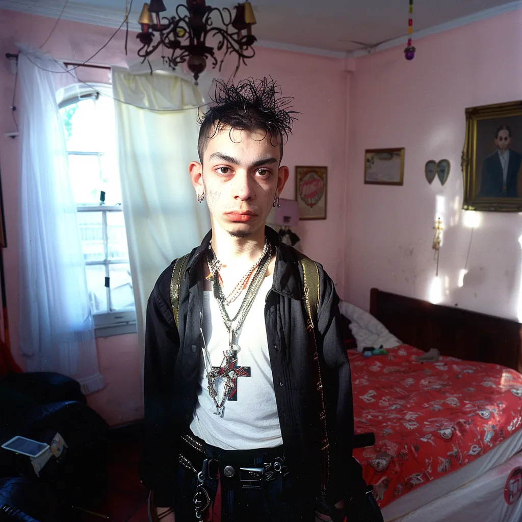 Joven de pie en un dormitorio de paredes rosadas, con el cabello oscuro de puntas erizadas, chaqueta negra, camiseta blanca y varias cadenas y cruces colgando del cuello; detrás hay una cama con sábana roja floreada y un candelabro de hierro en el techo.