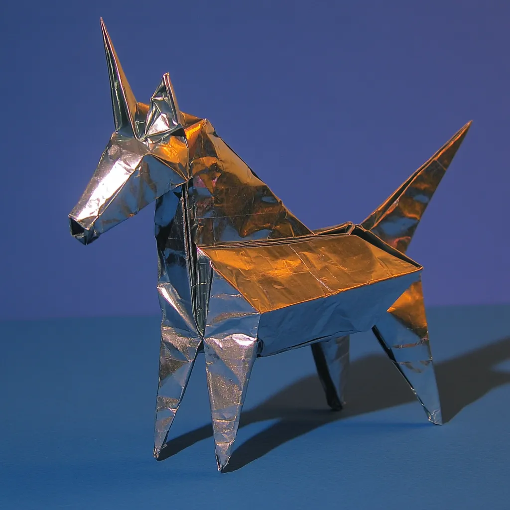 Figura de unicornio hecha con papel de aluminio plateado y dorado, doblada en origami, sobre un fondo azul liso, con su sombra proyectada hacia la derecha.