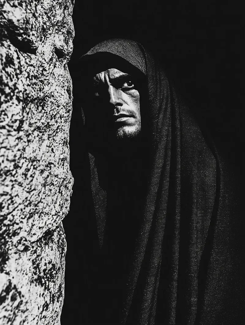 Fotografía en blanco y negro de un hombre encapuchado con manto oscuro, asomado detrás de una roca, con el rostro parcialmente iluminado por luz lateral.