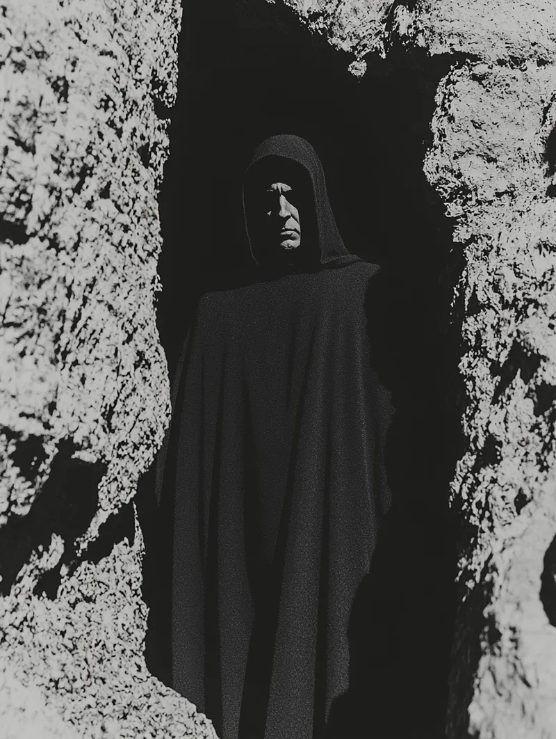 Fotografía en blanco y negro de un hombre encapuchado con manto oscuro de pie dentro de una grieta o hueco entre rocas claras, con el rostro apenas visible bajo la capucha.