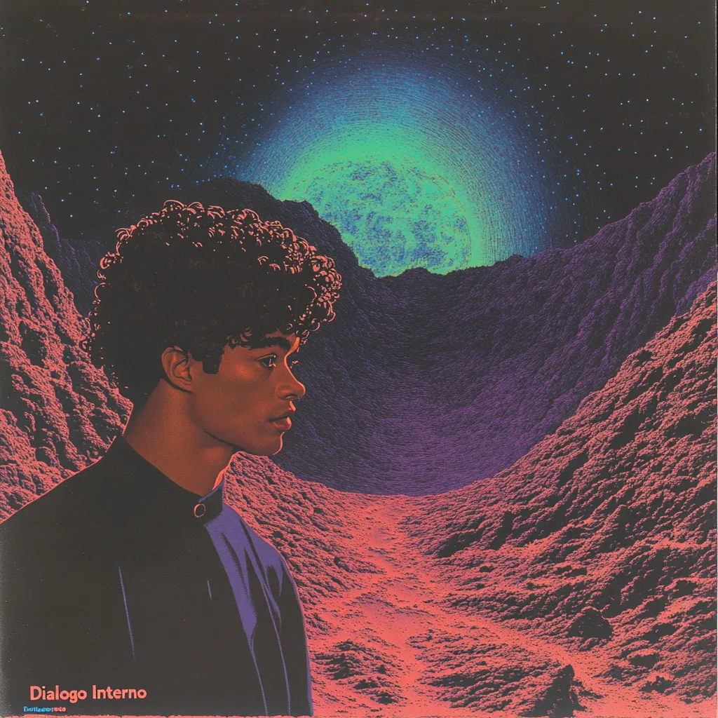 Retrato de perfil de un joven de cabello rizado frente a un valle montañoso de tonalidades moradas y rosadas, con un camino de tierra rojiza y una luna o planeta verde brillando en el centro del cielo estrellado.