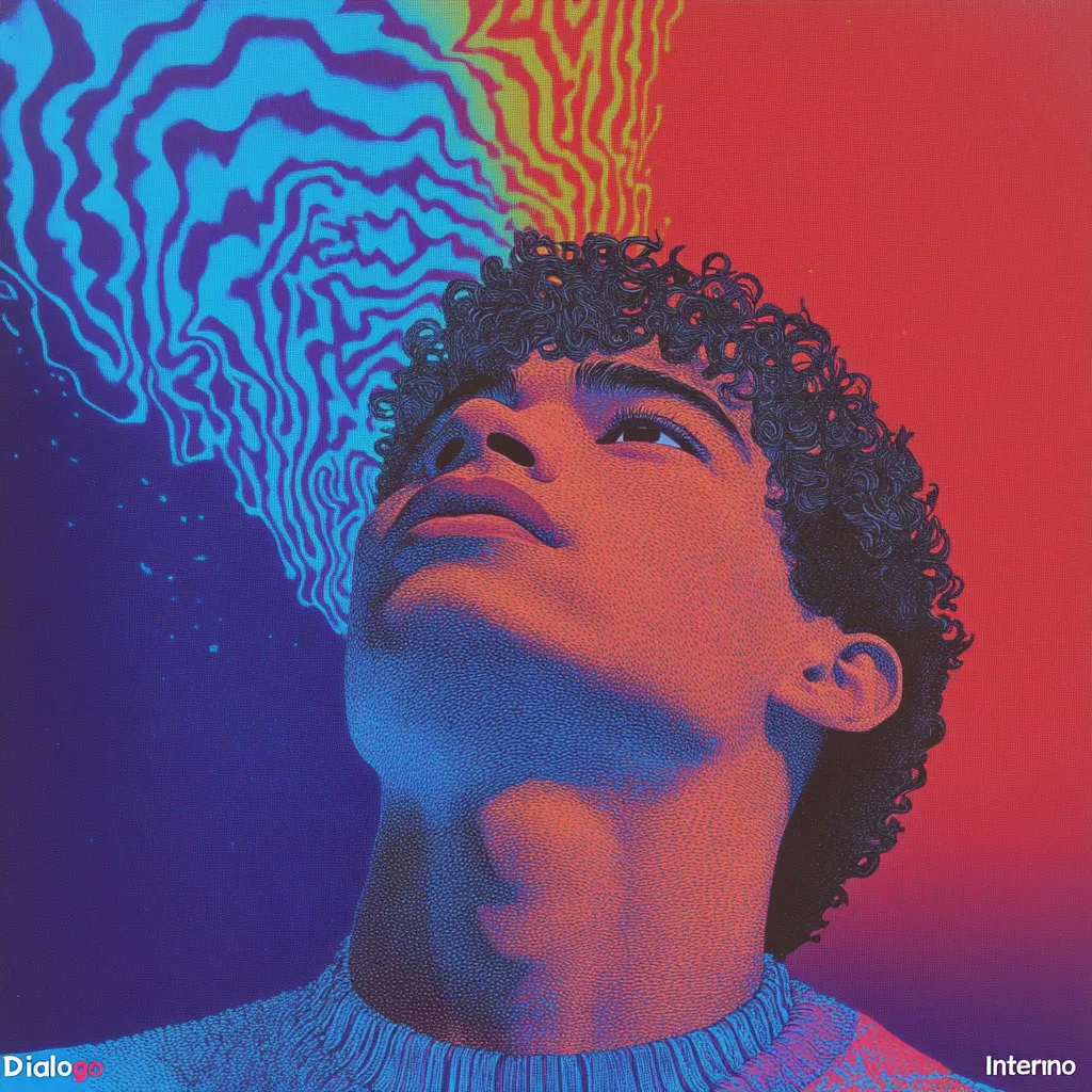 Retrato de un joven de cabello rizado mirando hacia arriba con un suéter azul, con franjas onduladas de colores arcoíris elevándose desde su cabeza sobre un fondo dividido en rojo y azul.
